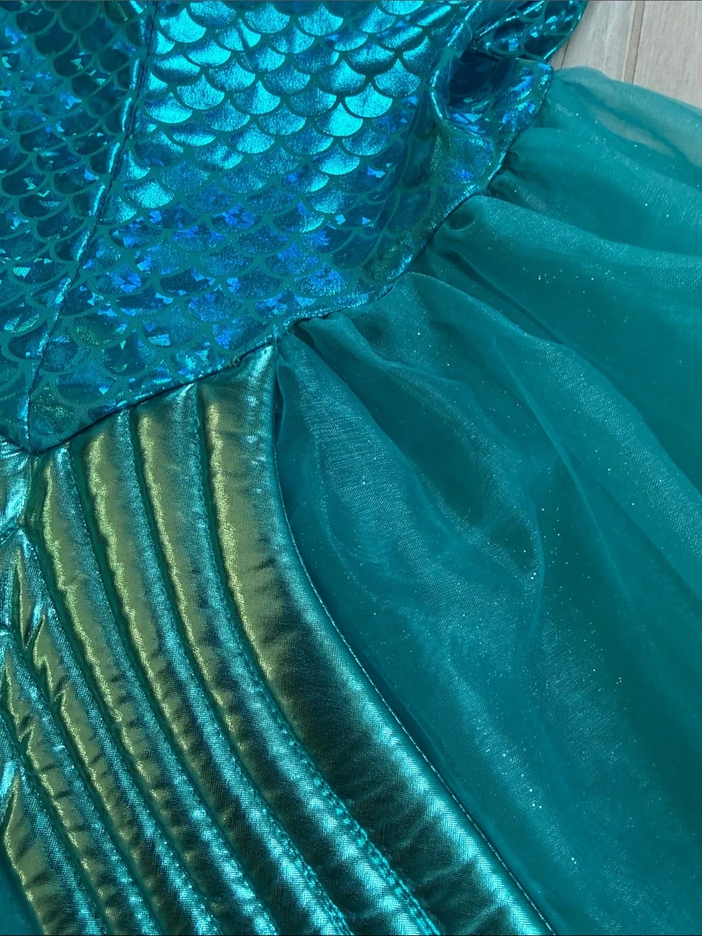 Girl’s Halloween Sparkling Mermaid Costume Dress w Pink Shell Accent - Teal/Blue